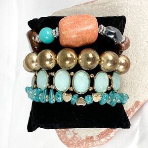Lot 4 Southwestern Style Bracelets Gold Beads Coral Turquoise Chunky Boho Stack